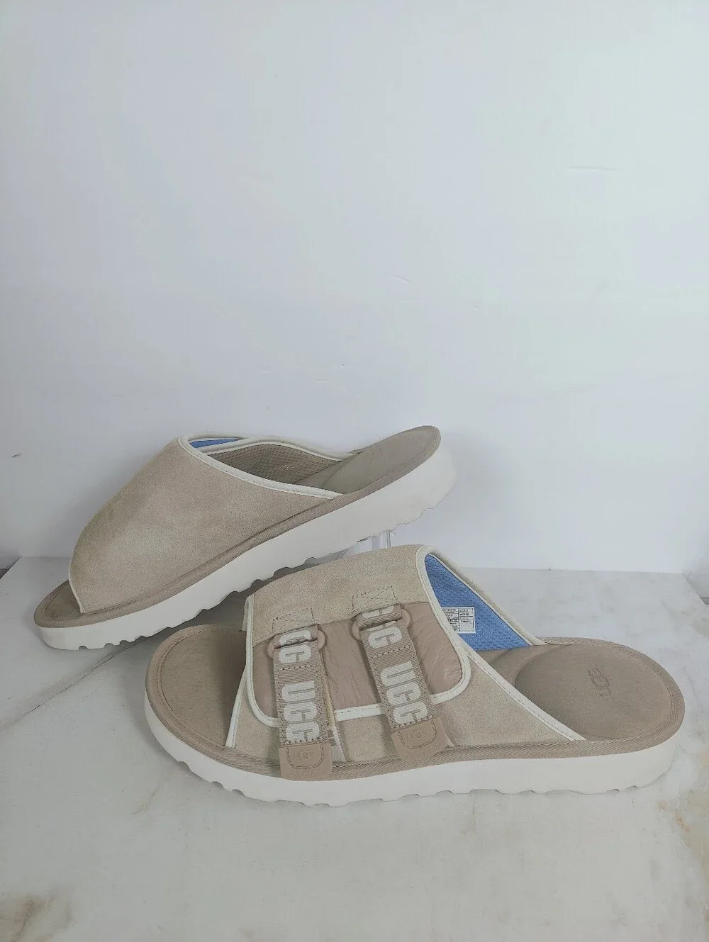 UGG Goldencoast Strap Slide Sand/Santorini Tan White Slip On Sandals Slides, 14